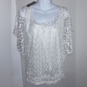 NWT Lavish white lace butterfly sleeves shirred elastic hem women XL